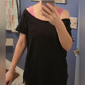 A Rear Bird off the shoulder distressed teeshirt